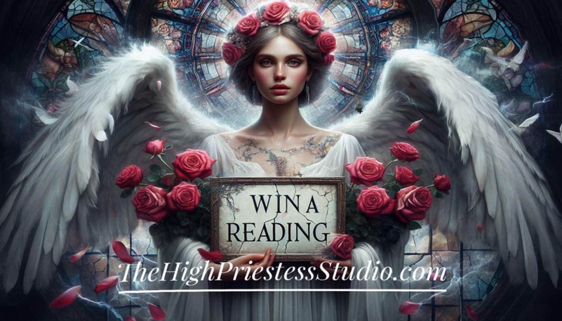 An Angel holds a sign 'Win A Reading'