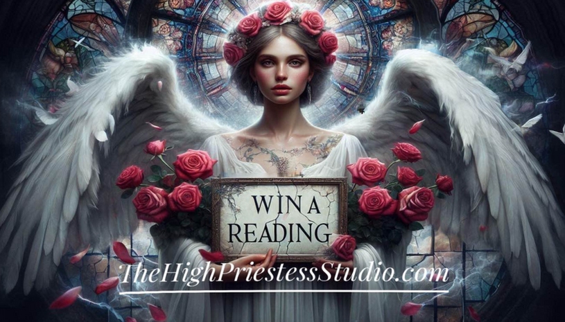 An Angel holds a sign 'Win A Reading'