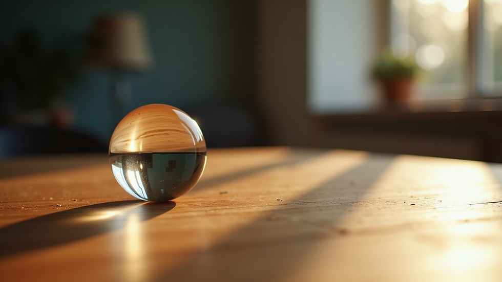 Close-up view of a crystal ball on a wooden table