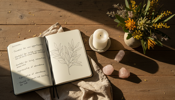 Overhead view of a completed manifestation journal page beside flowers and crystals.