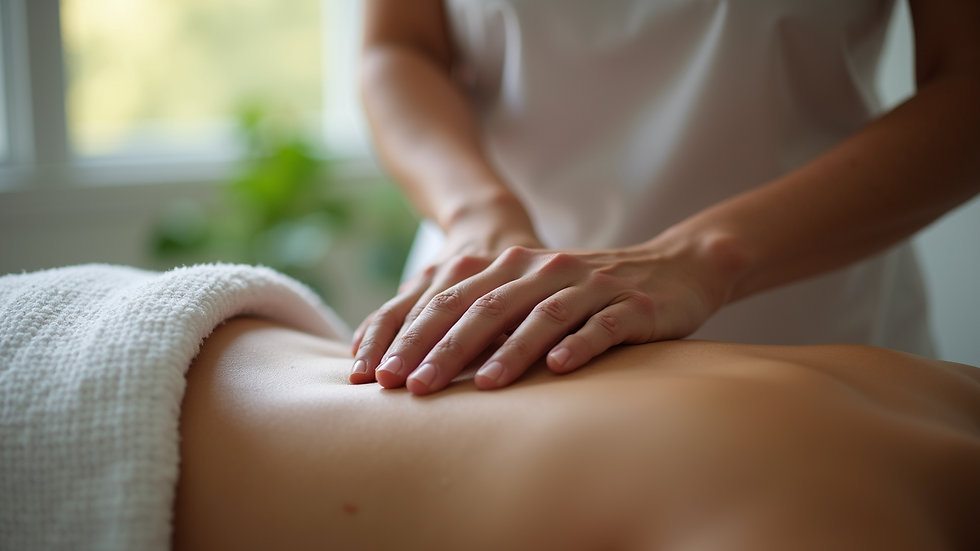 Close-up view of therapist’s hands gently massaging a client’s lower back
