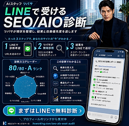 AIスタッフ「ツバサ」がSEO/AIO診断で検索表示・AI検索対応・改善優先度をチェックするHSビルワーキングスペースのサービス案内画像
