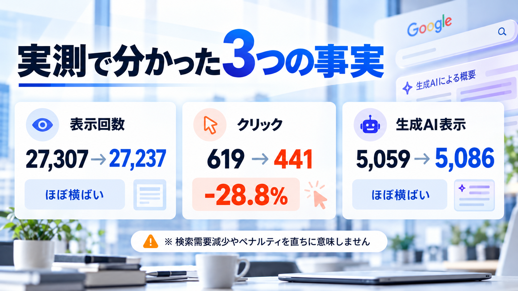 HSビルGSC実測で分かった3つの事実:通常検索表示27307から27237回、クリック619から441回で28.8%減、生成AI表示5059から5086回