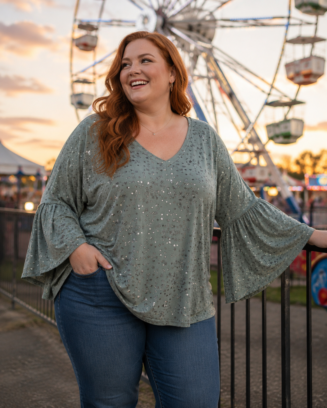 Curvy Lovey Stardust Sage Bell Sleeve Top