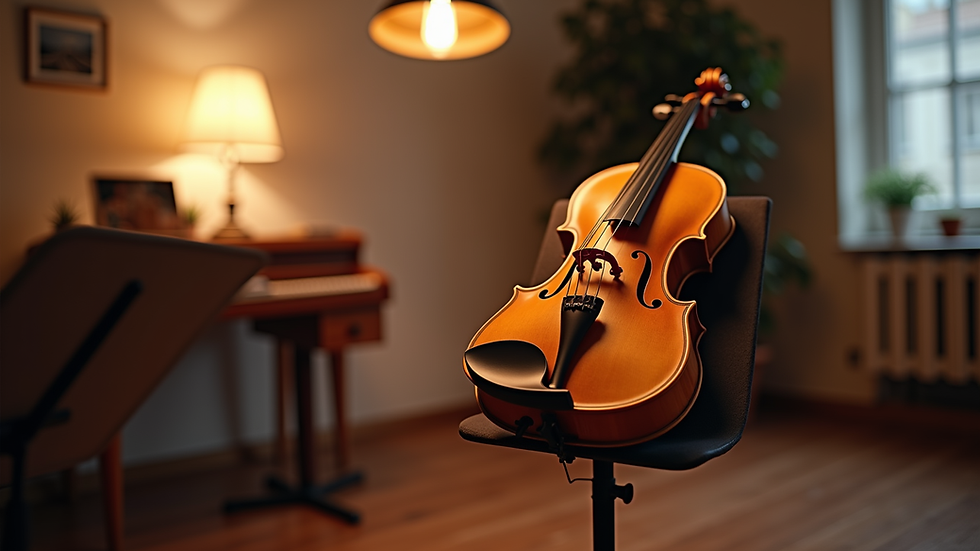 Eye-level view of a violin resting on a music stand in a cozy studio