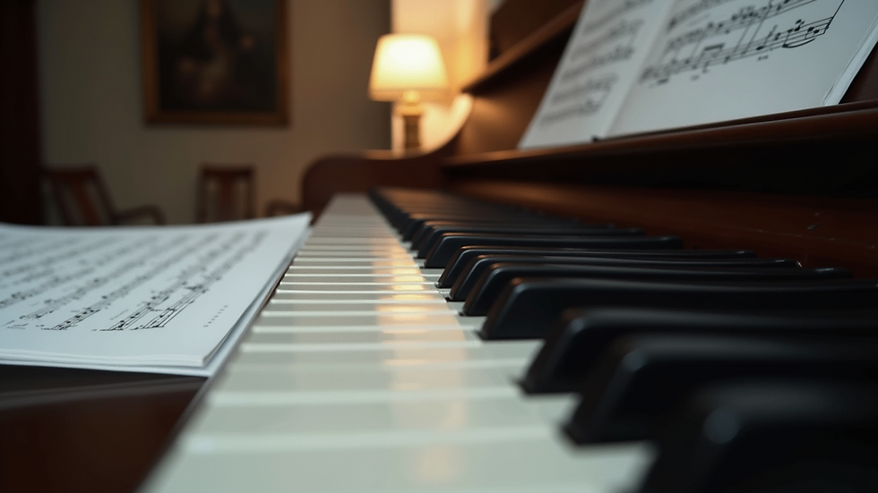 Eye-level view of a piano keyboard with sheet music