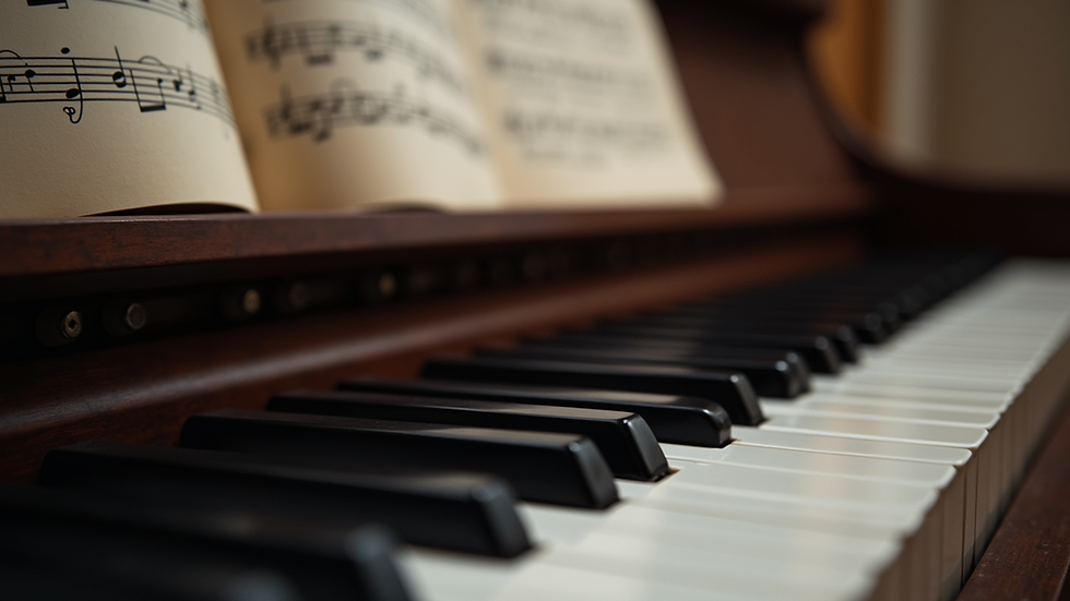 Close-up view of piano keys with sheet music in the background