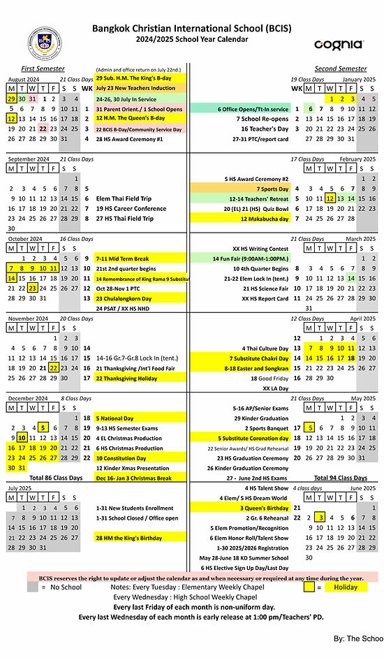 School Calendar Bcis Ac Th