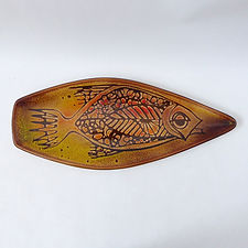 Poole Pottery Aegean long fish plate, 1960s 1970s. Spear shape 82, 44cm long dish platter. Abstract folk art. Yellow, red & brown. Modernist
