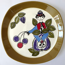 Figgjo Flint Norway plate, Turi Gramstad Oliver. Boy on apple. Corsica line fruit Turi-design. Mid-century vintage 60s pottery/ceramic/china