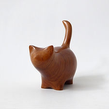 Perry Lancaster signed Martha cat sculpture. Handmade artisan wooden carved figurine. Modernist minimalist simplified wood carving, standing