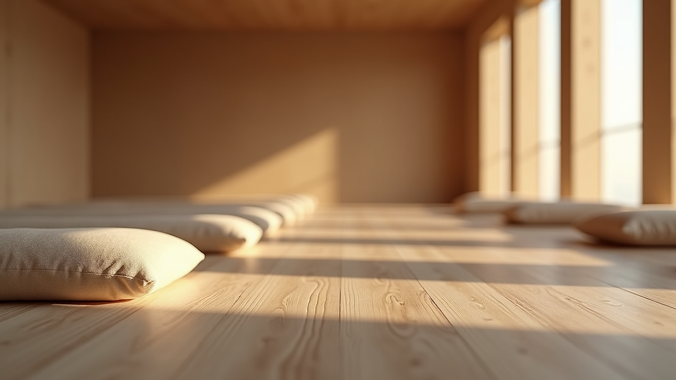 Eye-level view of a serene meditation space with cushions and soft lighting