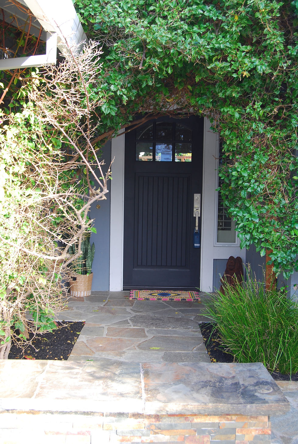 Black door framed by lush green ivy, potted plant beside, patterned doormat on stone path, serene and welcoming.
