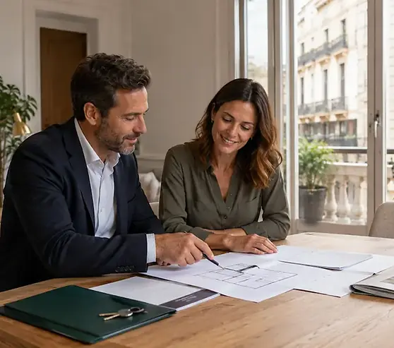 Profesional inmobiliario asesorando a una propietaria durante la revisión de planos y documentación para renovar la cédula de habitabilidad en Barcelona.