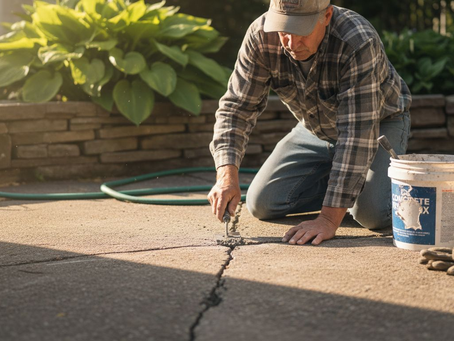 Homeowner repairing cracked backyard concrete patio