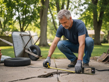 Homeowner inspecting patio concrete crack