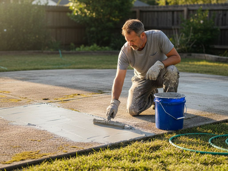 Contractor resurfacing concrete patio outdoors