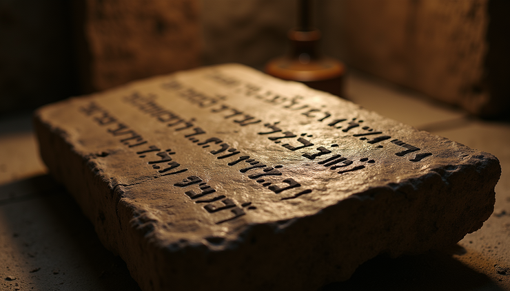 Eye-level view of ancient stone tablet with Hebrew inscriptions