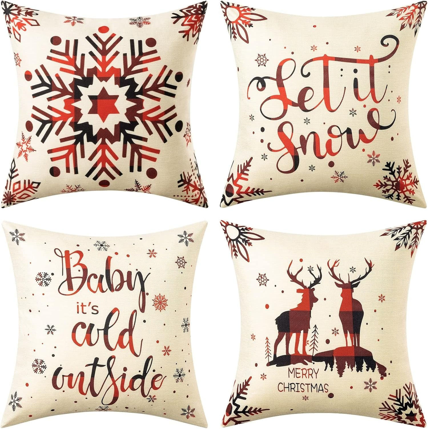 4 Pack Christmas Pillow Covers 18X18 Inch Linen Holiday Decorative Throw Pillow 