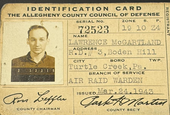 Lawrence's official Air Raid Warden identification card. I've only seen this one card of this type.