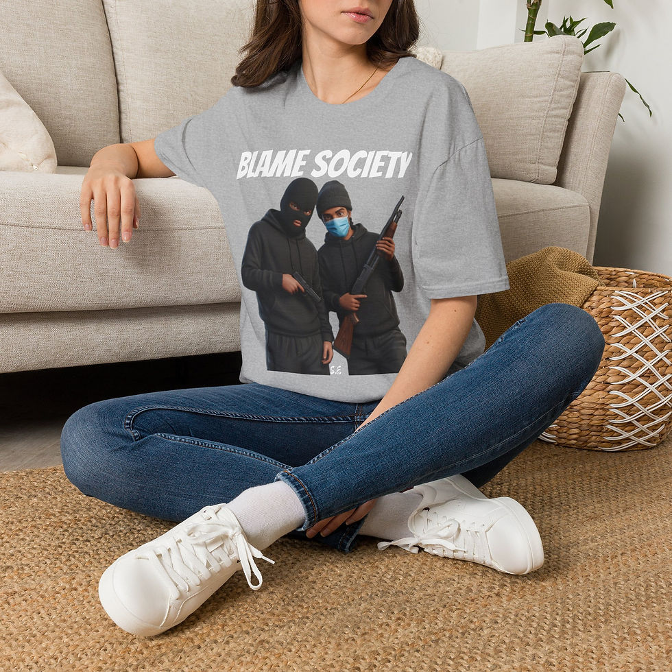 Thumbnail: Graphic T-Shirt — "Blame Society!" Protest Masked Figures Tee