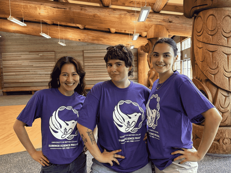 Three girls pose in matching purple UBC Summer Science Program shirts.
