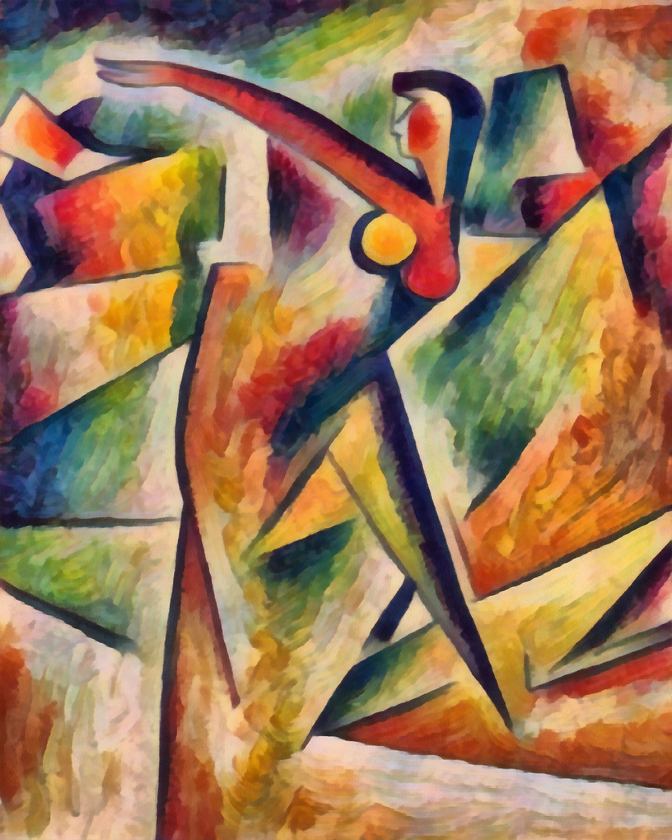 Abstract art of a dancer with colorful strokes of paint on canvas; COLORE