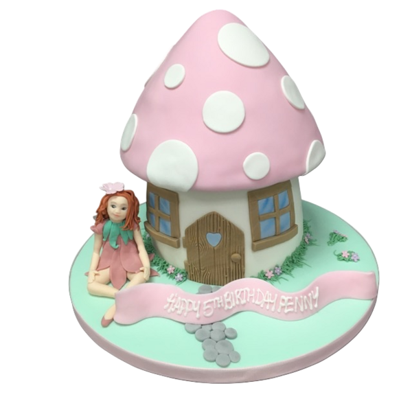 Whimsical and enchanting fairy and toadstool house cake, perfect for themed celebrations and magical occasions.
