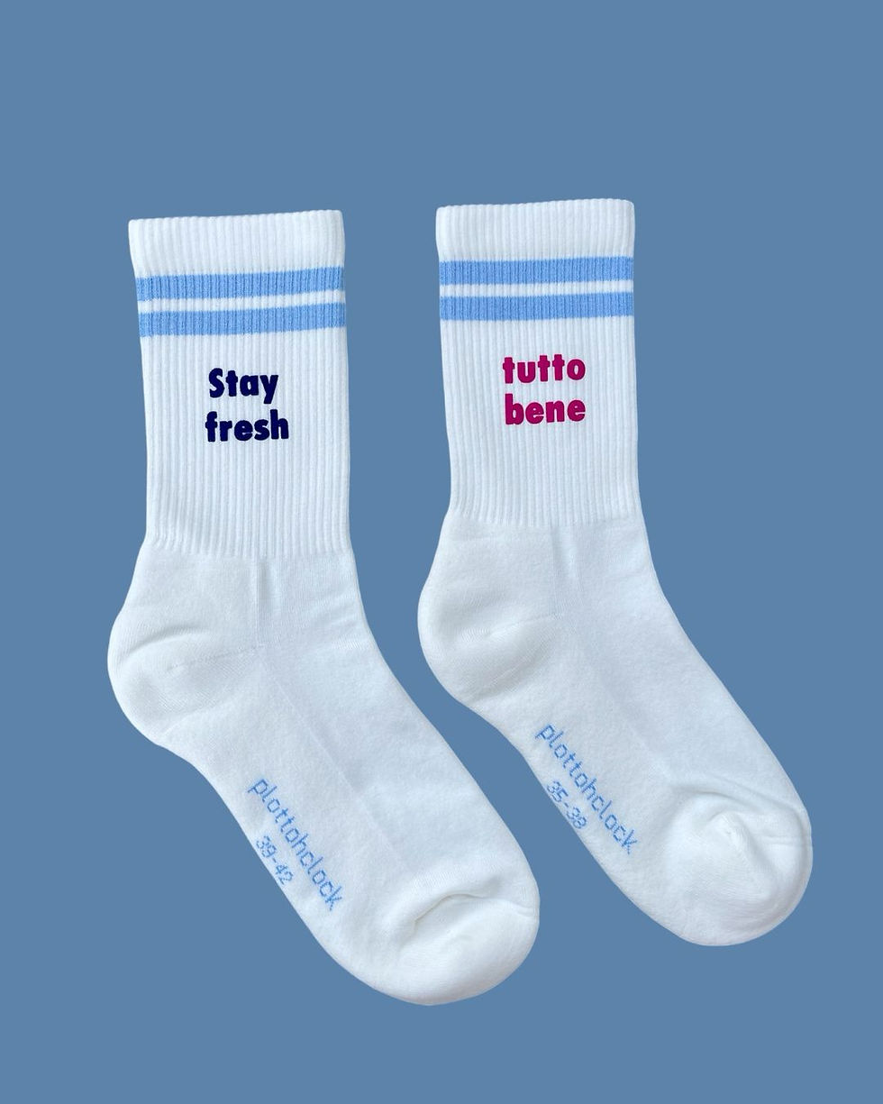 Miniaturbild: Crew Socks Off white - Hellblaue Streifen - personalisierbar