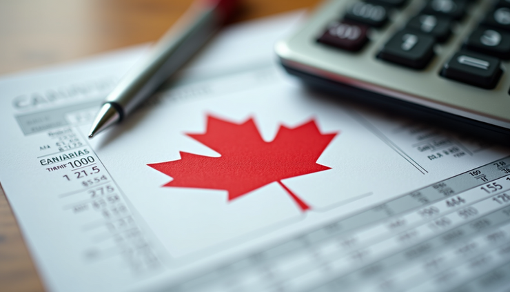 Eye-level view of a Canadian maple leaf on a financial document with a calculator nearby