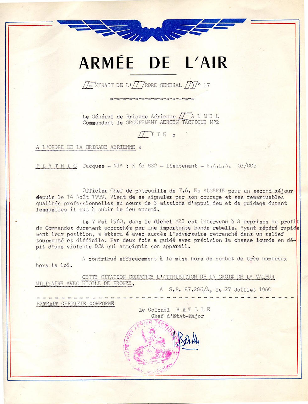1960-07-27 Citation - Croix de la Valeur Militaire avec Etoile de Bronze