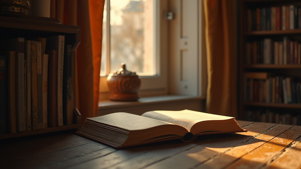 Eye-level view of a cozy reading nook with books and a warm light