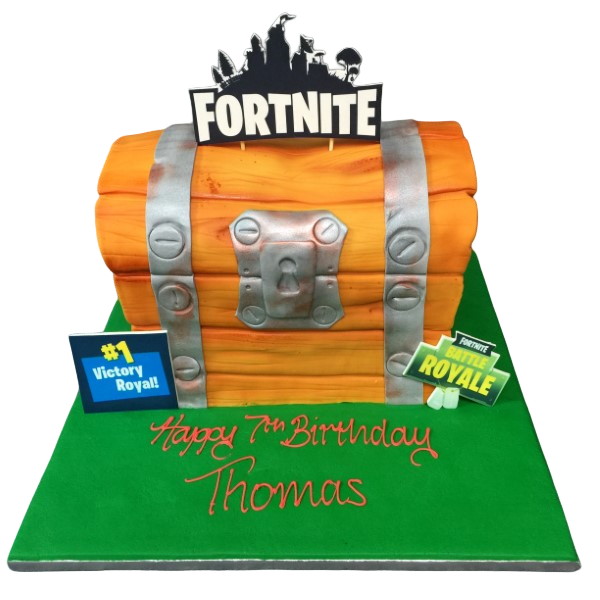 Bespoke Fortnite chest cake with detailed edible lock and wood texture, crafted in Solihull, West Midlands for celebration.