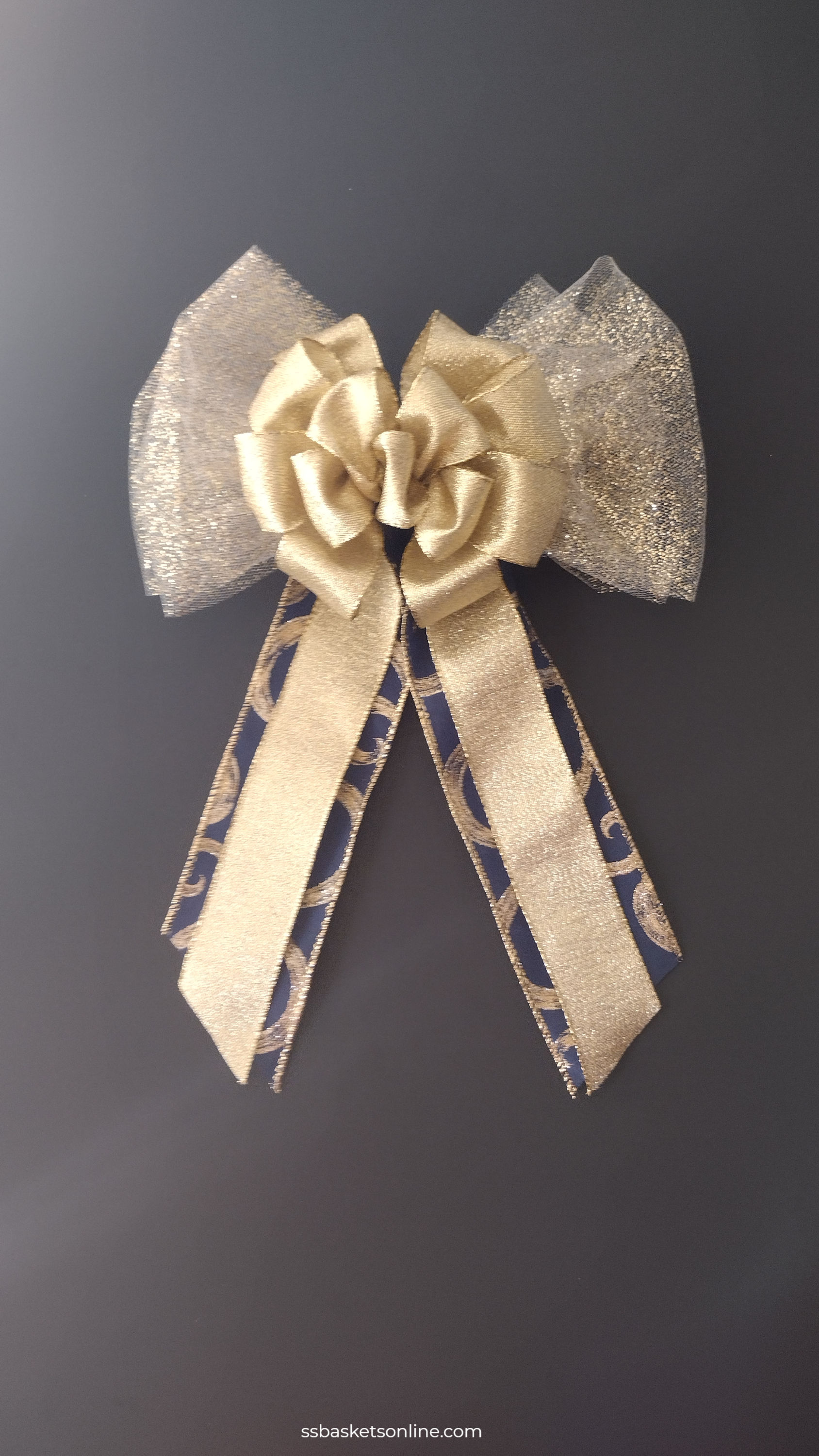 Bliss Navy & Antique Gold Ribbon Bow – Elegant Bow with Gold Glitter Tulle for S