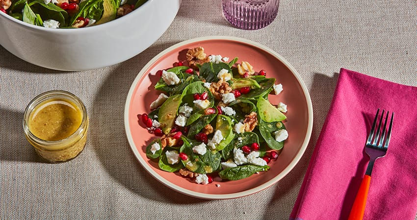 Winter Salad: Spinach and Goat Feta Cheese Salad with Walnuts and Pomegranate
