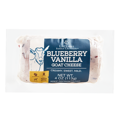 A packaged log of Blueberry Vanilla Goat Cheese with the LaClare Creamery label on it