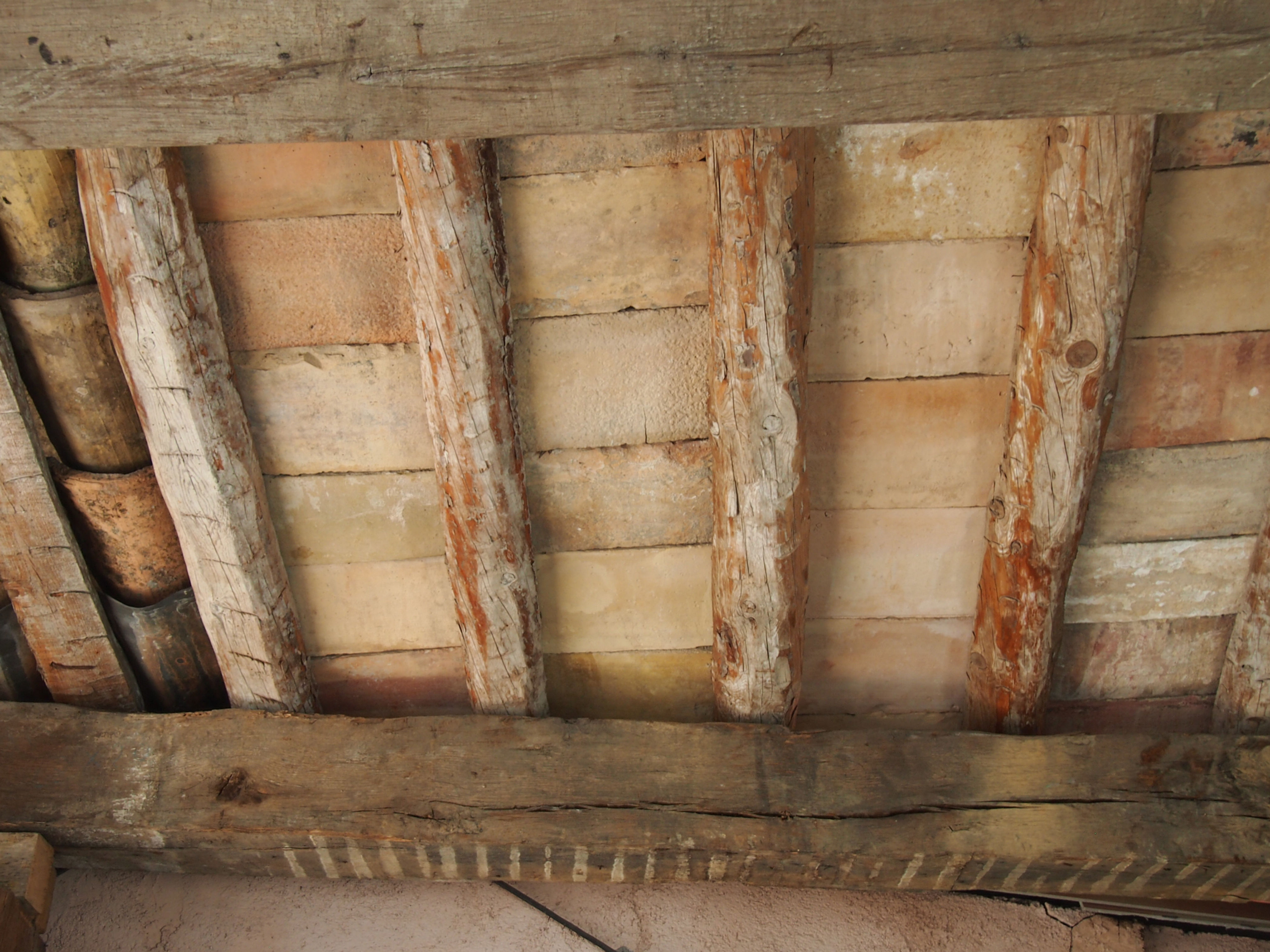 Vieille poutre avec demi rond et parefeuille sous tuile