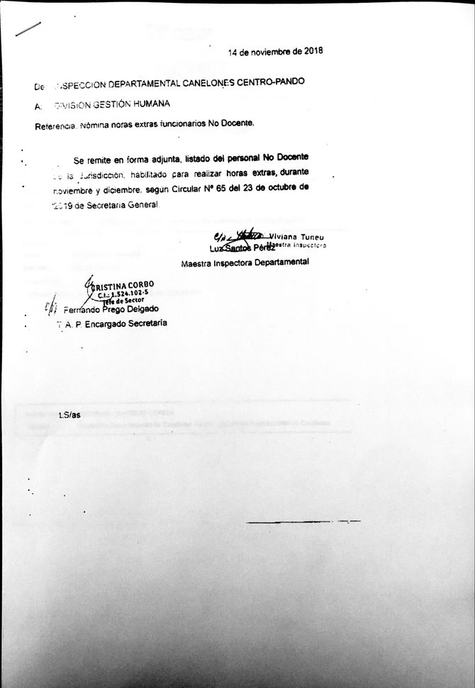 Nómina de horas extras para funcionarios no docentes.