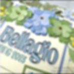 Floral single page scrapbook layout with embossed green and blue flowers. Text reads "Bellagio Spring 2023." Background has floral patterns.