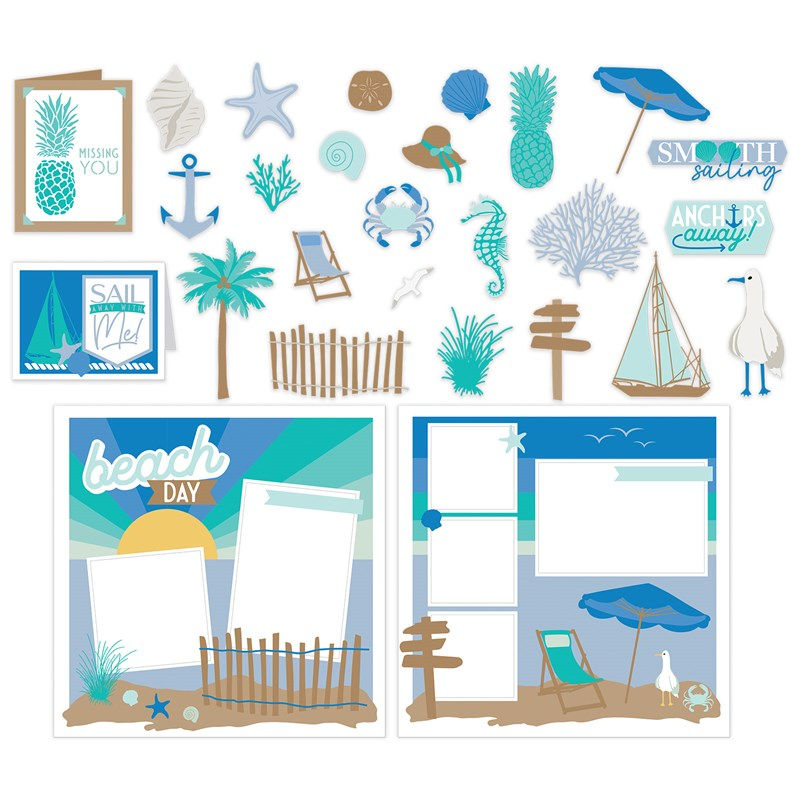 Cape Cod Digital Art Kit - Beach-themed scrapbook elements with palm trees, seashells, a seagull, and a sailboat. Notable texts: "beach day" and "missing you."