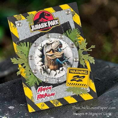 Create a bold Jurassic Park-inspired birthday card featuring industrial metal textures, caution stripes, jungle foliage, layered SVG elements, and dimensional details. Follow this step-by-step tutorial to create a personalized, handmade card for the dinosaur lover in your life.