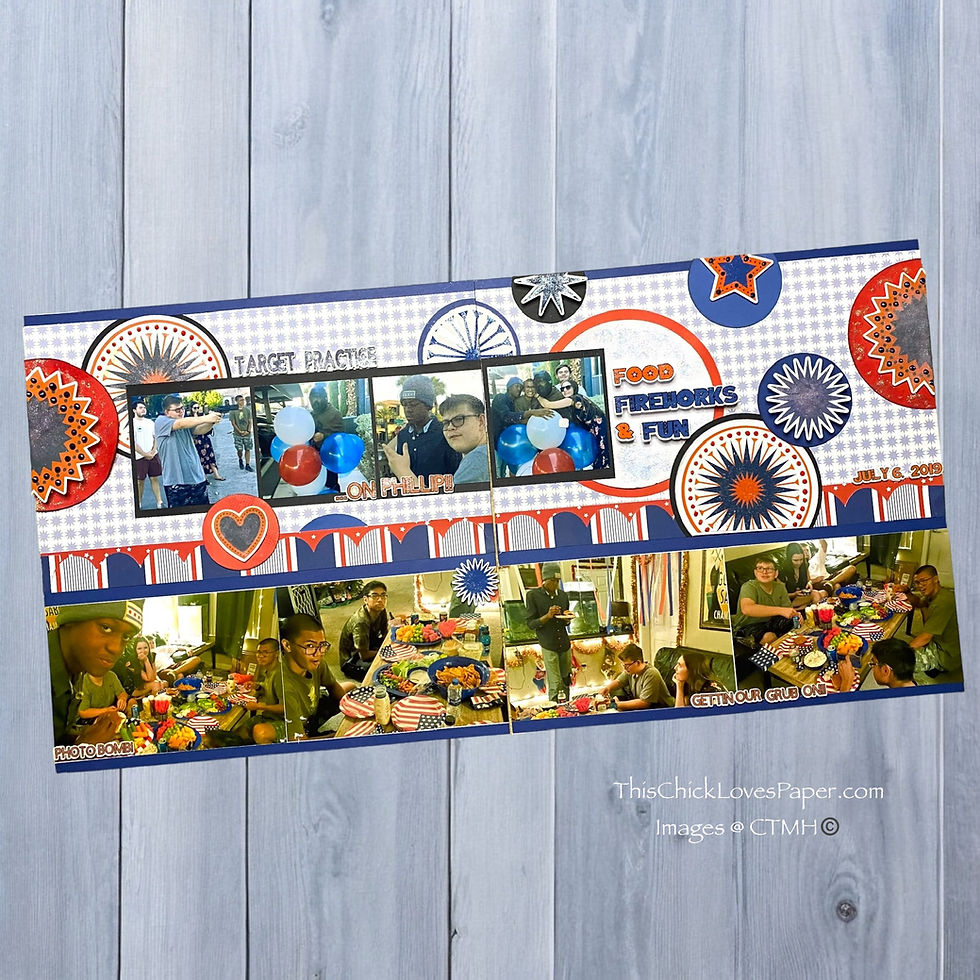 Scrapbook page with photos of people celebrating. Text: "Target Practice," "Food Fireworks & Fun," July 6, 2019. Red, white, blue theme.