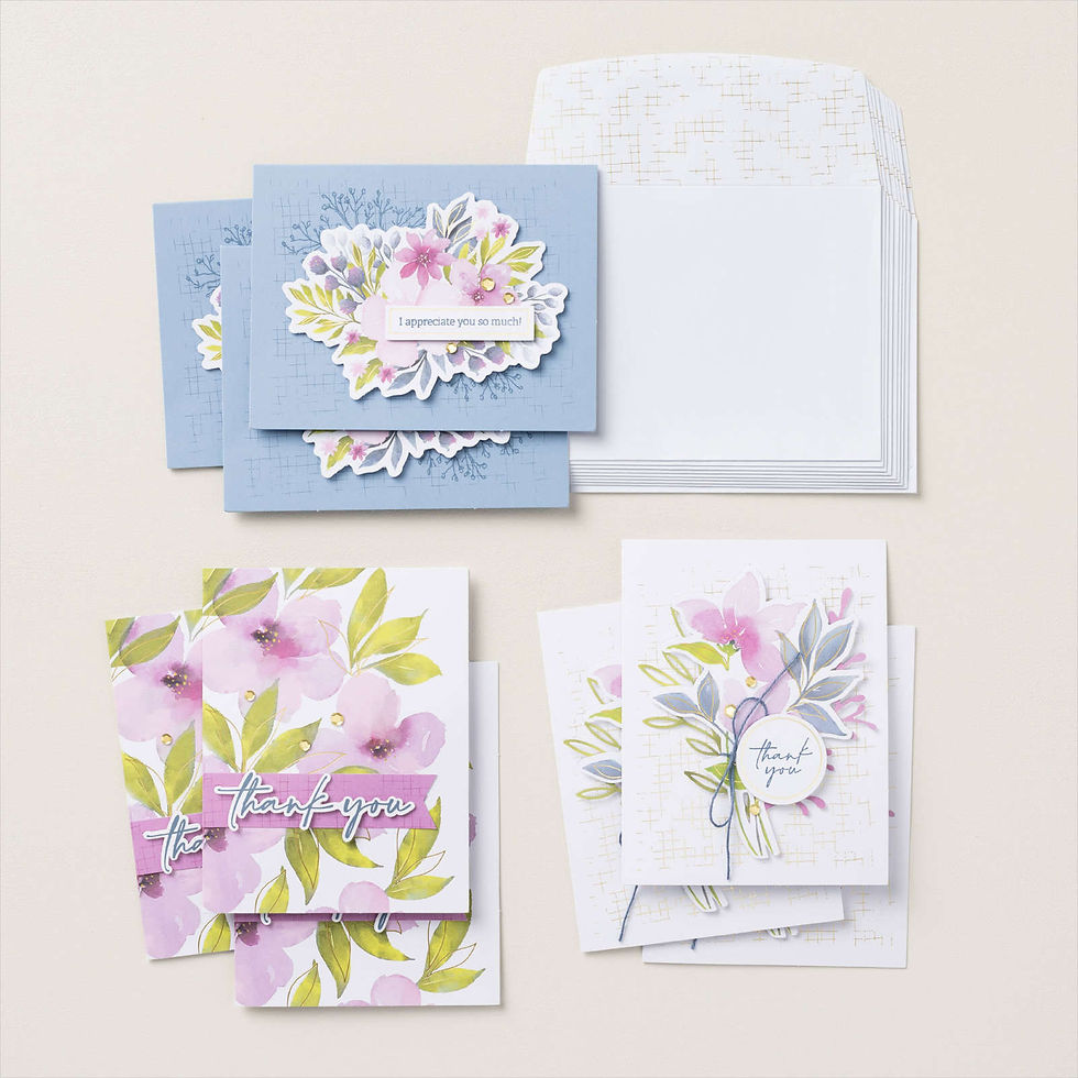 Three sets of floral greeting cards and envelopes on a beige background. Cards feature pastel flowers and say "I appreciate you" and "Thank you."