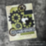 Steampunk-themed card with gears, hearts, and green accents. Text reads "YOU + ME = SPARKS." Grunge background adds an industrial feel.
