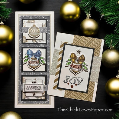 Holiday cards with ornaments, bows, and holly on patterned background. Text reads "Season's Greetings" and "Wishing You Joy." Gold baubles.