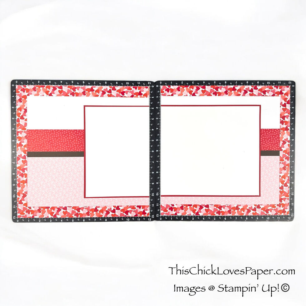 Scrapbook layout with red and pink patterns, two blank areas in the center. Black border with measurements. Text: ThisChickLovesPaper.com.
