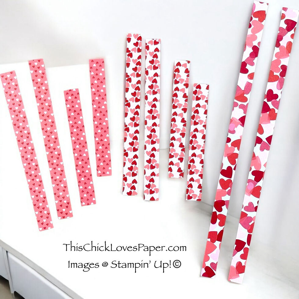 Red and pink heart-patterned paper strips stand on a white background. Text: ThisChickLovesPaper.com, Images © Stampin' Up!