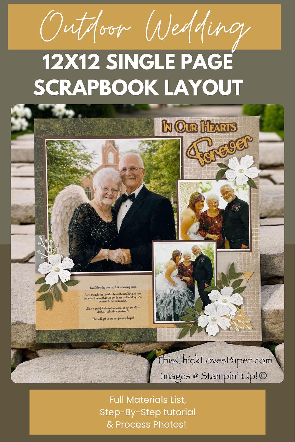 Scrapbook page featuring elderly couple with angel wings, wedding photos, white flowers, and text: "In Our Hearts Forever." Outdoor background.