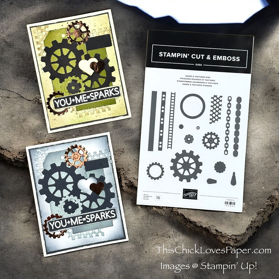 Two greeting cards with gear and heart designs, reading "YOU+ME=SPARKS," on a stone surface. A Stampin' Cut & Emboss dies set is beside them.