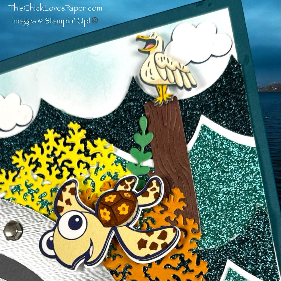 Cartoon sea turtle swims amid colorful coral, with a seagull perched on a log. Background features glittery waves and clouds.